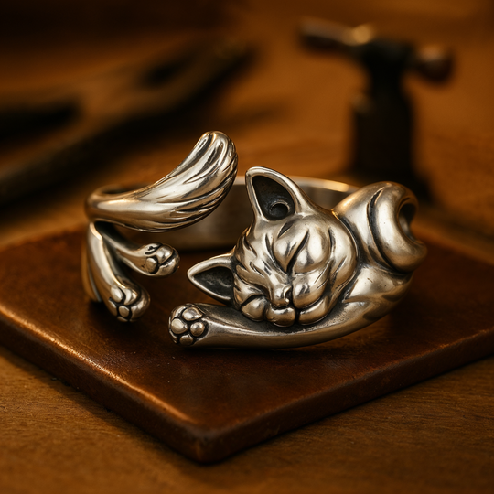 Bague en argent avec chat endormi
