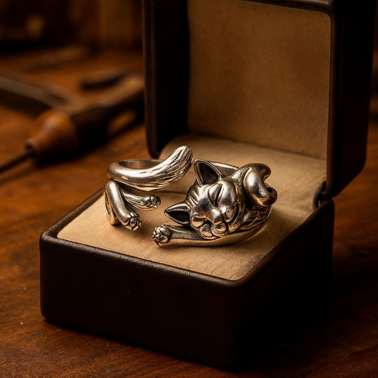 Bague en argent avec chat endormi