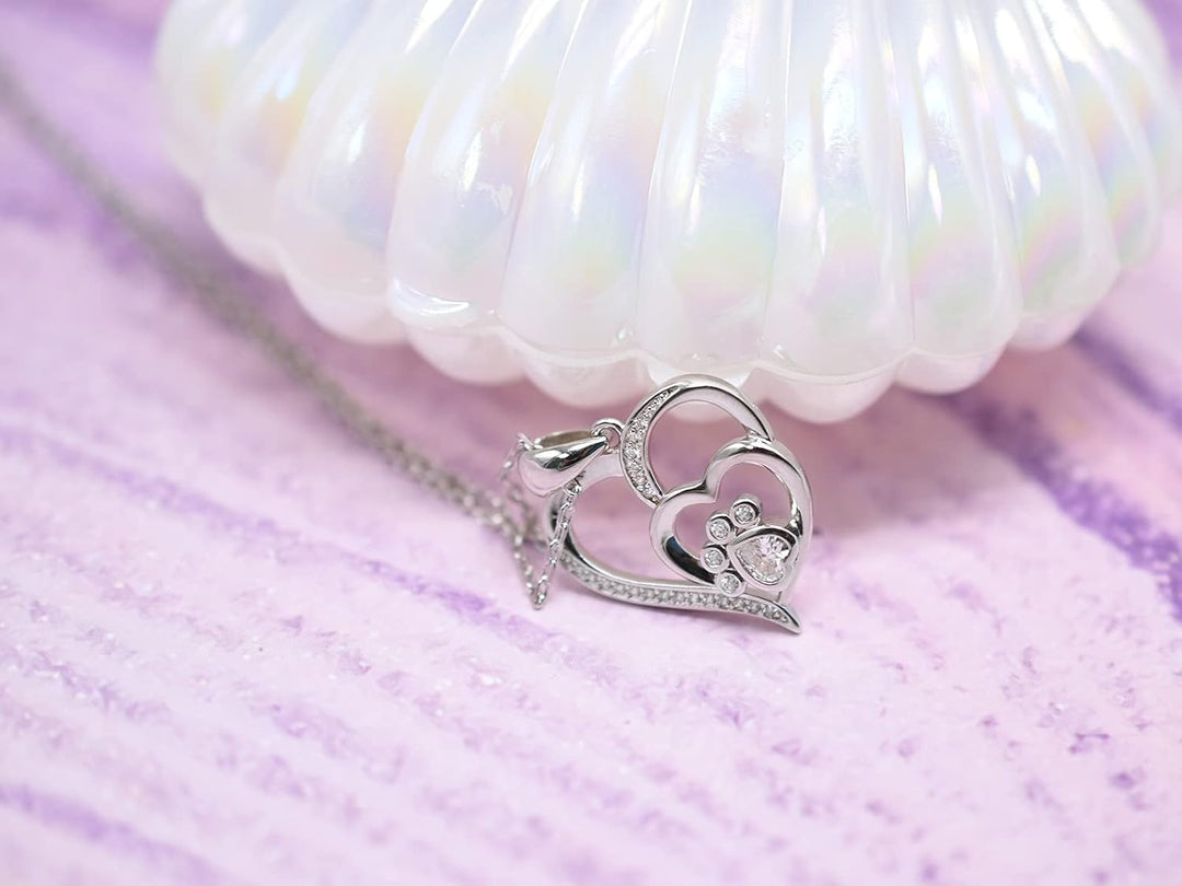Collier en argent sterling avec empreinte de patte, cœur et zircone