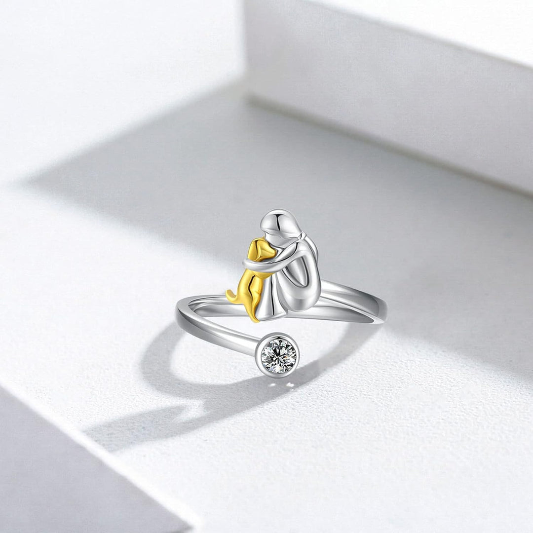 Bague en argent motif chien et zircone