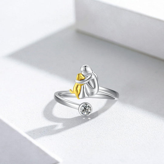 Bague en argent motif chien et zircone