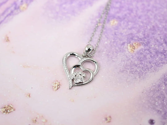 Collier en argent sterling avec empreinte de patte, cœur et zircone