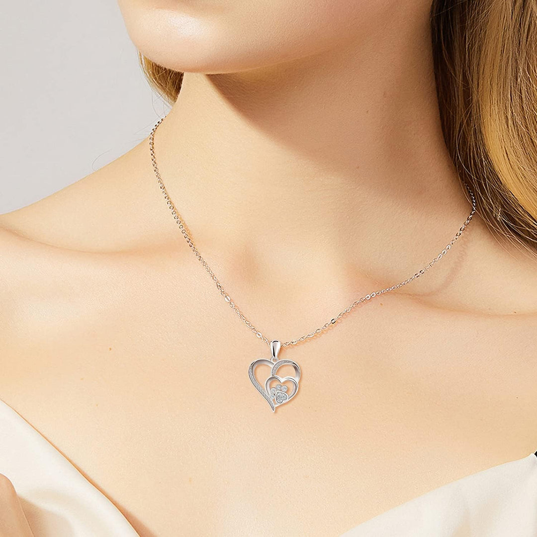 Collier en argent sterling avec empreinte de patte, cœur et zircone