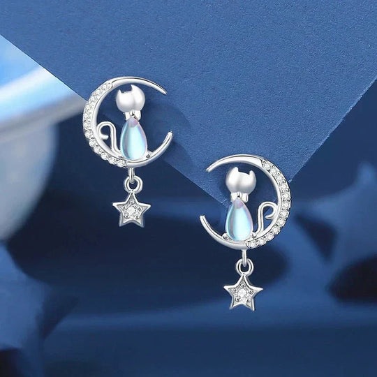 Boucles d'oreilles chat, lune et étoile en argent sterling 925