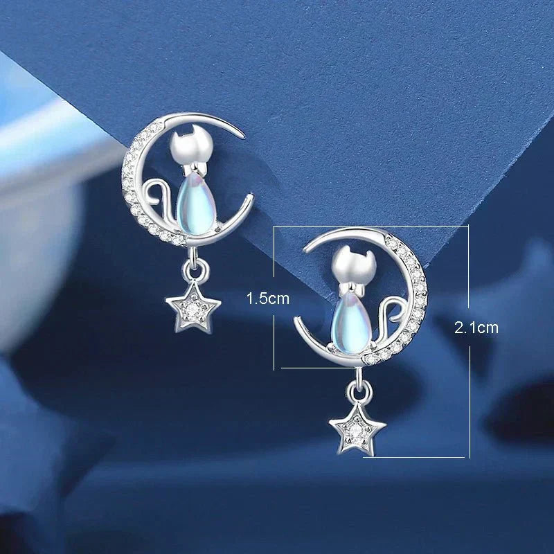Boucles d'oreilles chat, lune et étoile en argent sterling 925