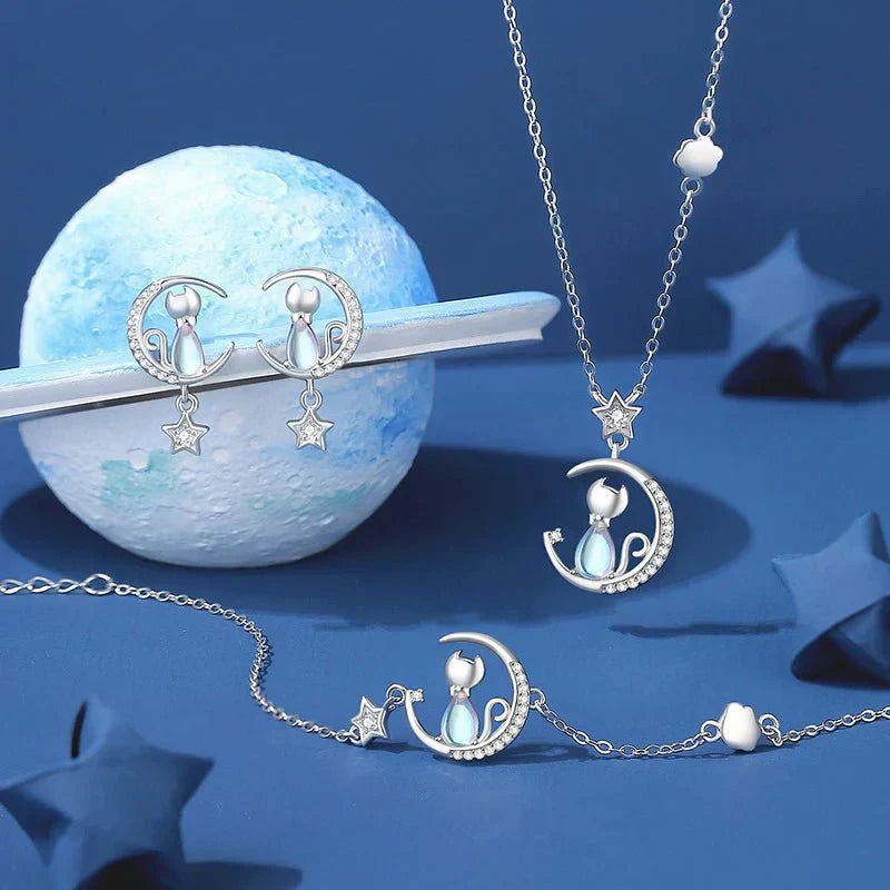 Boucles d'oreilles chat, lune et étoile en argent sterling 925