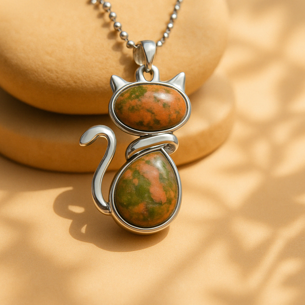 Collier pendentif chat avec pierre naturelle violette
