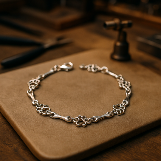 Bracelet en argent avec empreinte de patte et motif os