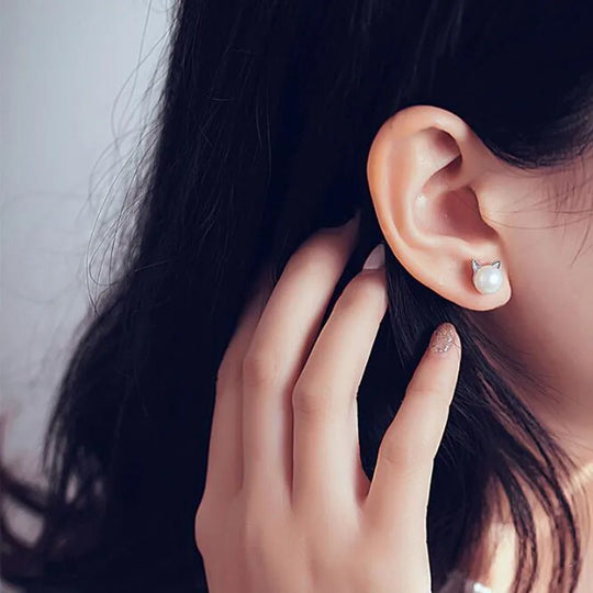 Boucles d'oreilles perlées en argent sterling, oreilles de chat