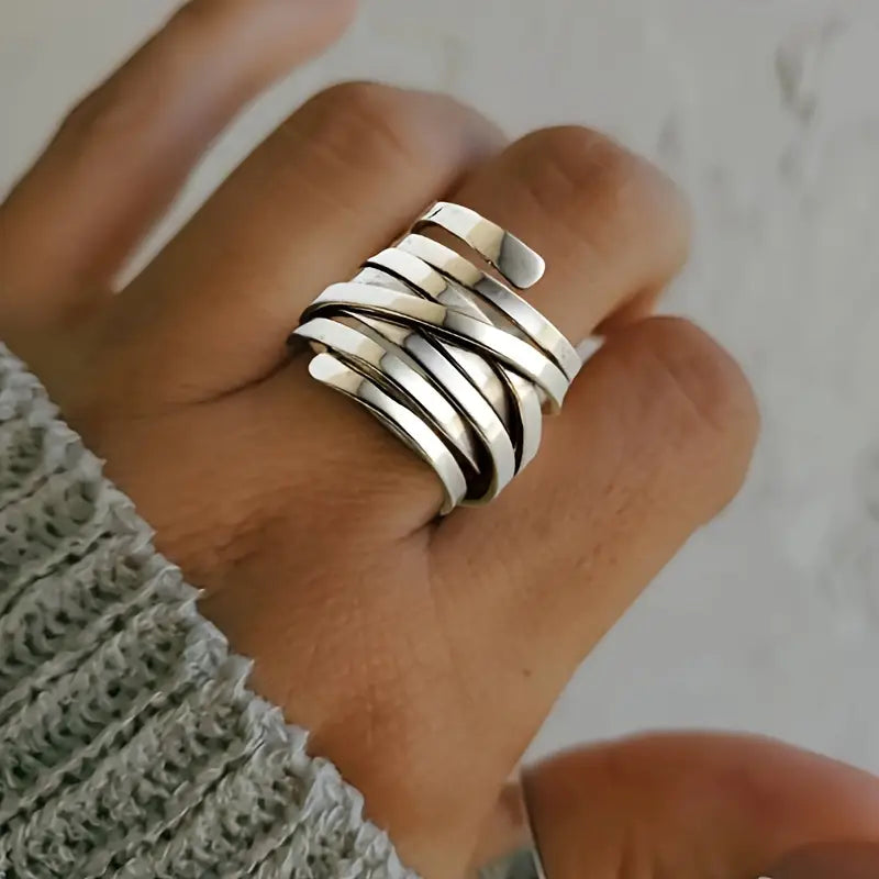 Hazel – Bague multi-anneaux style vintage en métal argenté