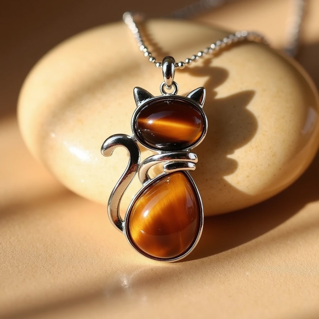 Collier pendentif chat avec pierre naturelle violette