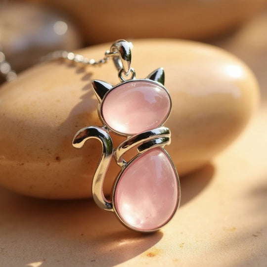 Collier pendentif chat avec pierre naturelle violette