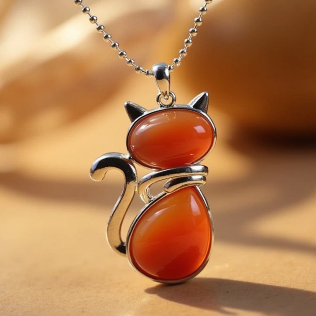 Collier pendentif chat avec pierre naturelle violette