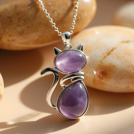 Collier pendentif chat avec pierre naturelle violette