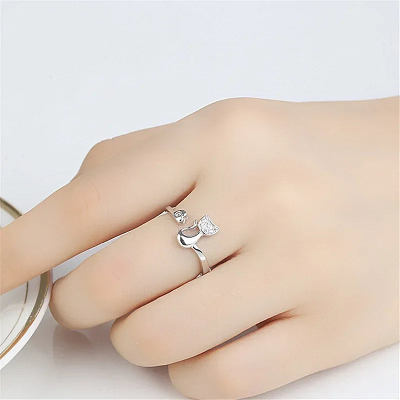 Bague ouverte mignonne motif chat et zircone