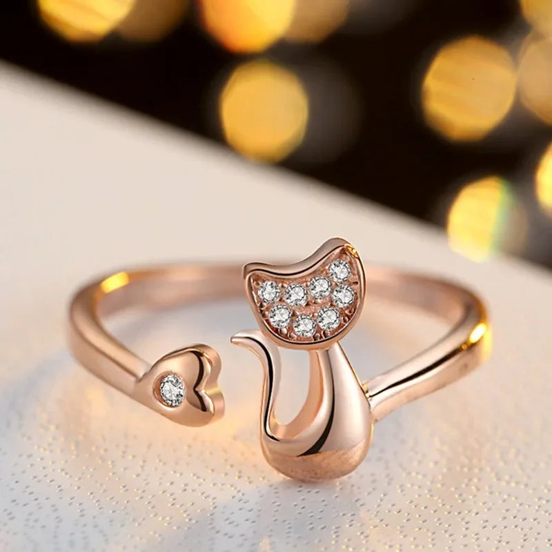 Bague ouverte mignonne motif chat et zircone