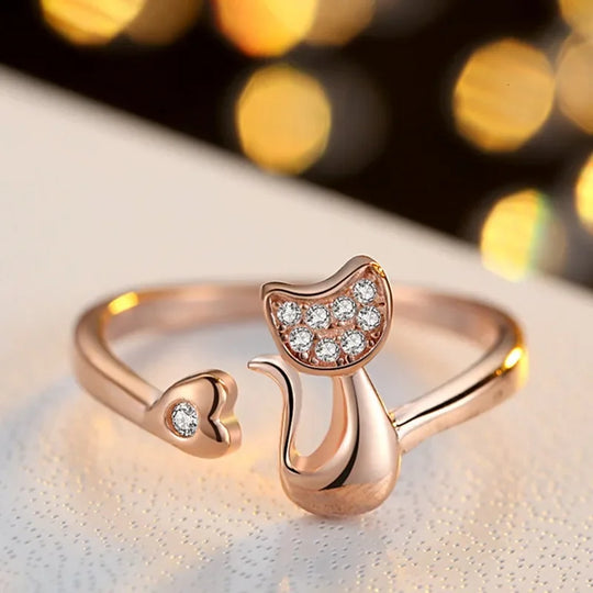 Bague ouverte mignonne motif chat et zircone