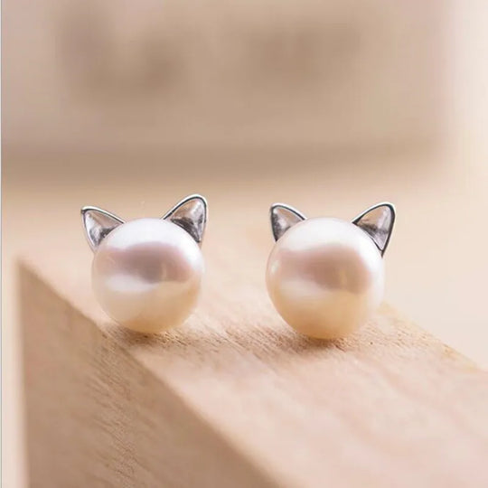 Boucles d'oreilles perlées en argent sterling, oreilles de chat