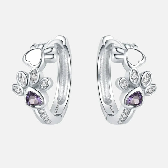 Boucles d'oreilles en argent avec empreinte de patte et zircone cœur