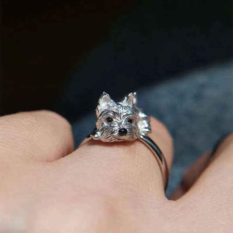 Bague ajustable avec chien en argent