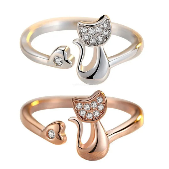 Bague ouverte mignonne motif chat et zircone