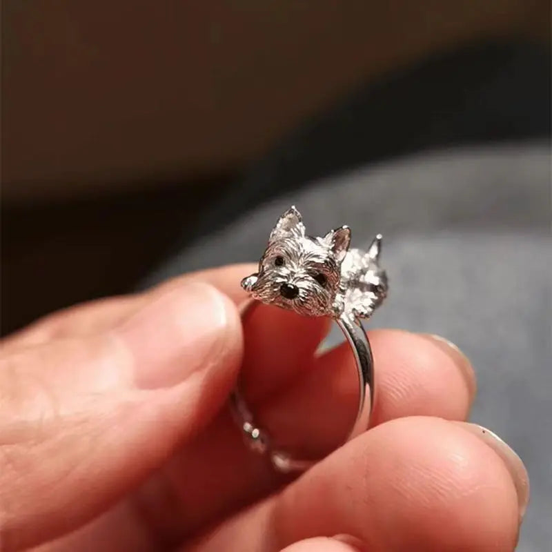 Bague ajustable avec chien en argent