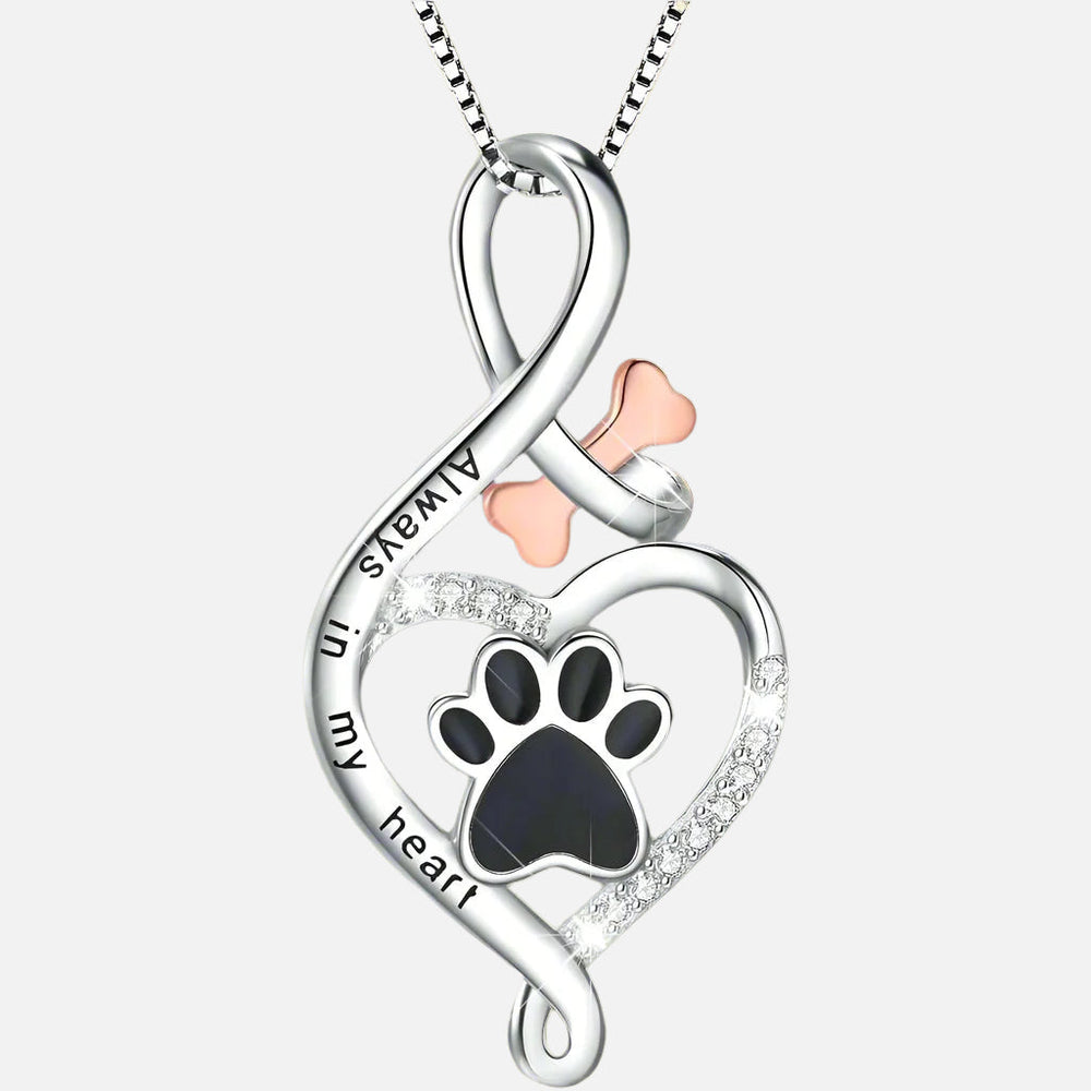 Collier avec pendentif cœur, empreinte de patte et symbole infini