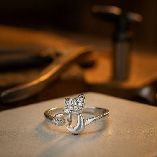 Bague ouverte mignonne motif chat et zircone