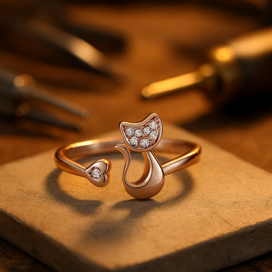 Bague ouverte mignonne motif chat et zircone
