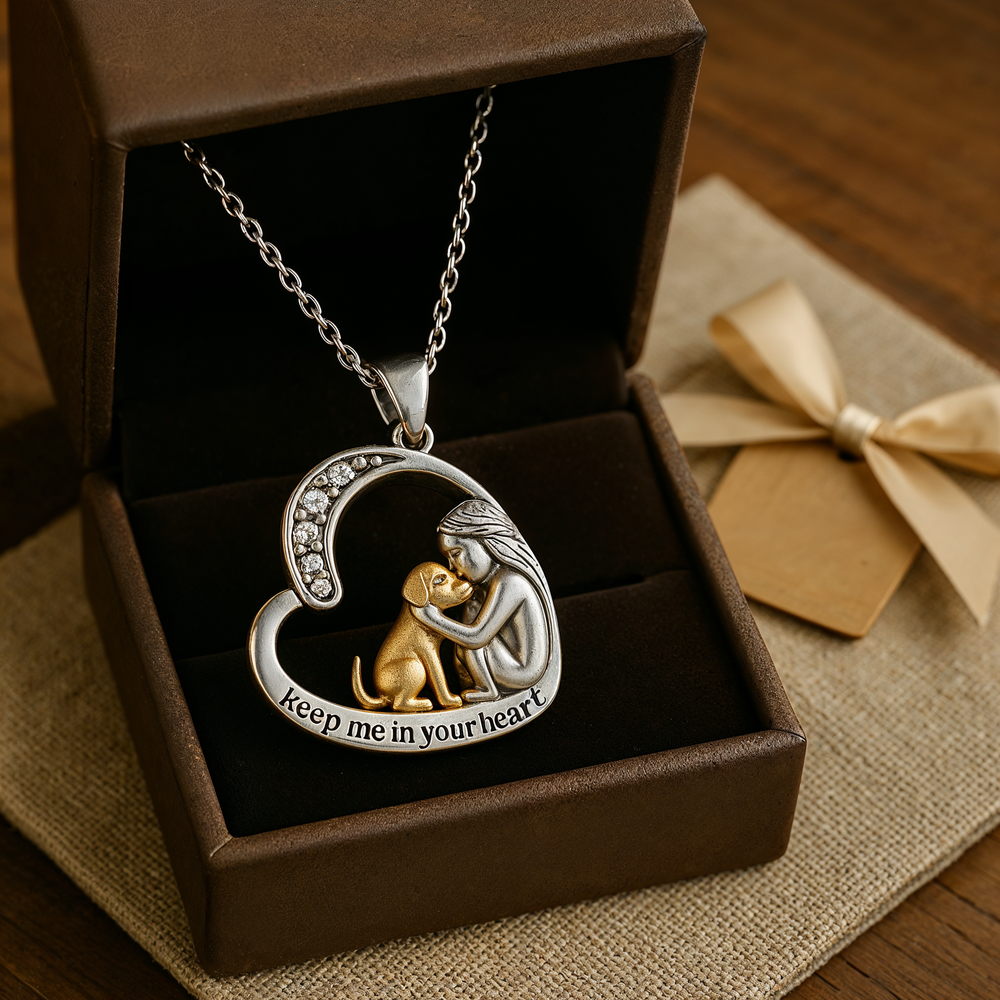 Collier en argent avec pendentif cœur, fille et chien