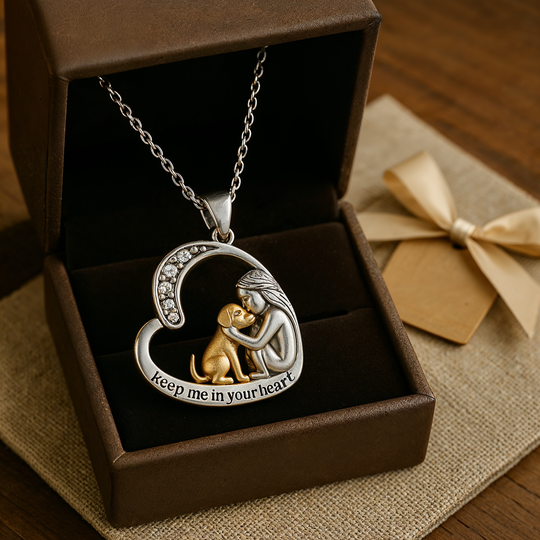 Collier en argent avec pendentif cœur, fille et chien