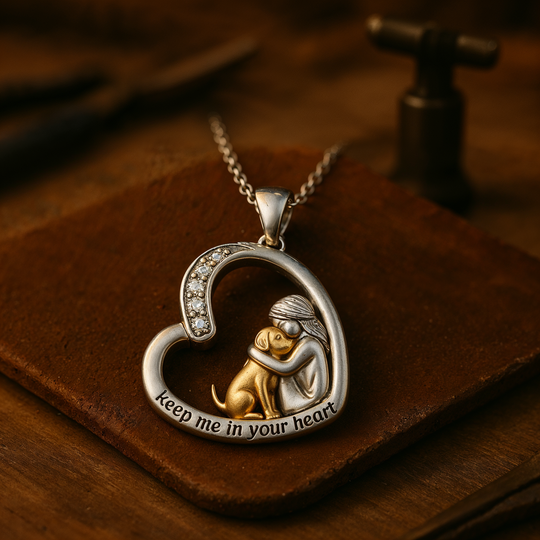 Collier en argent avec pendentif cœur, fille et chien