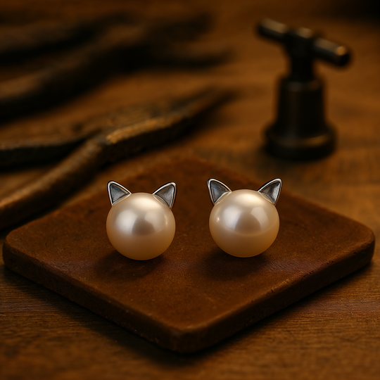 Boucles d'oreilles perlées en argent sterling, oreilles de chat