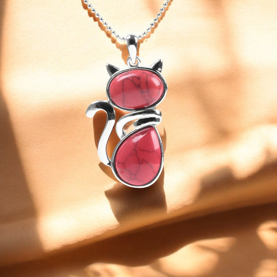 Collier pendentif chat avec pierre naturelle violette