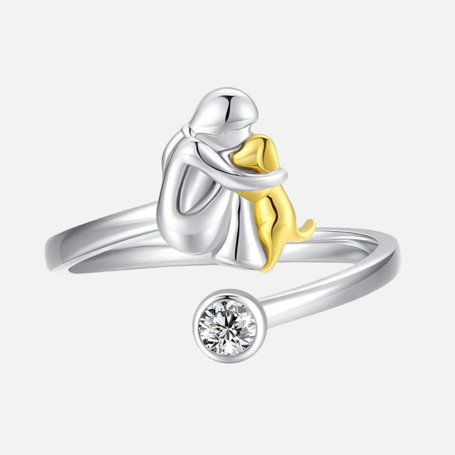 Bague en argent motif chien et zircone