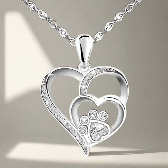 Collier en argent sterling avec empreinte de patte, cœur et zircone