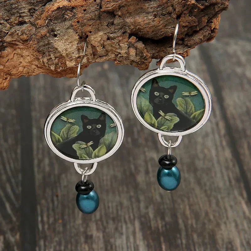 Boucles d'oreilles style vintage motif chat noir tropical