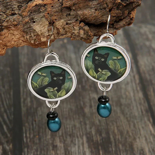 Boucles d'oreilles style vintage motif chat noir tropical