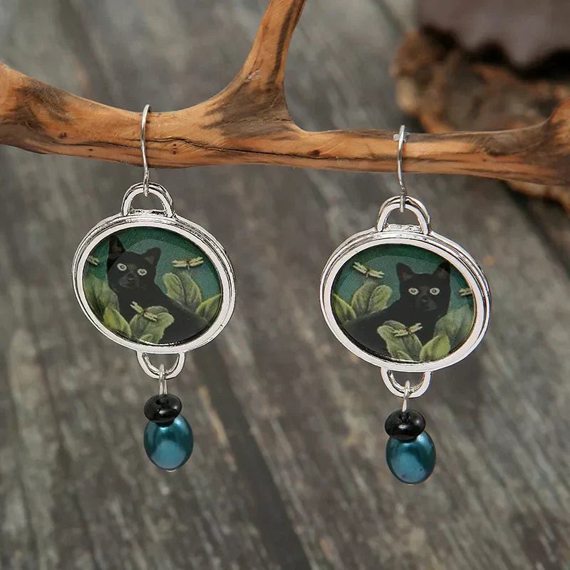 Boucles d'oreilles style vintage motif chat noir tropical