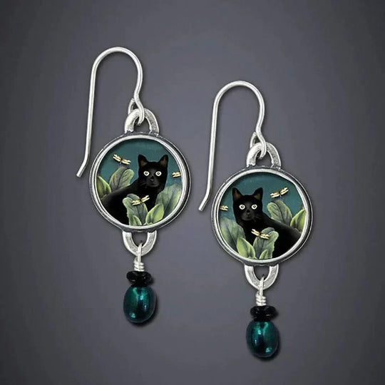Boucles d'oreilles style vintage motif chat noir tropical