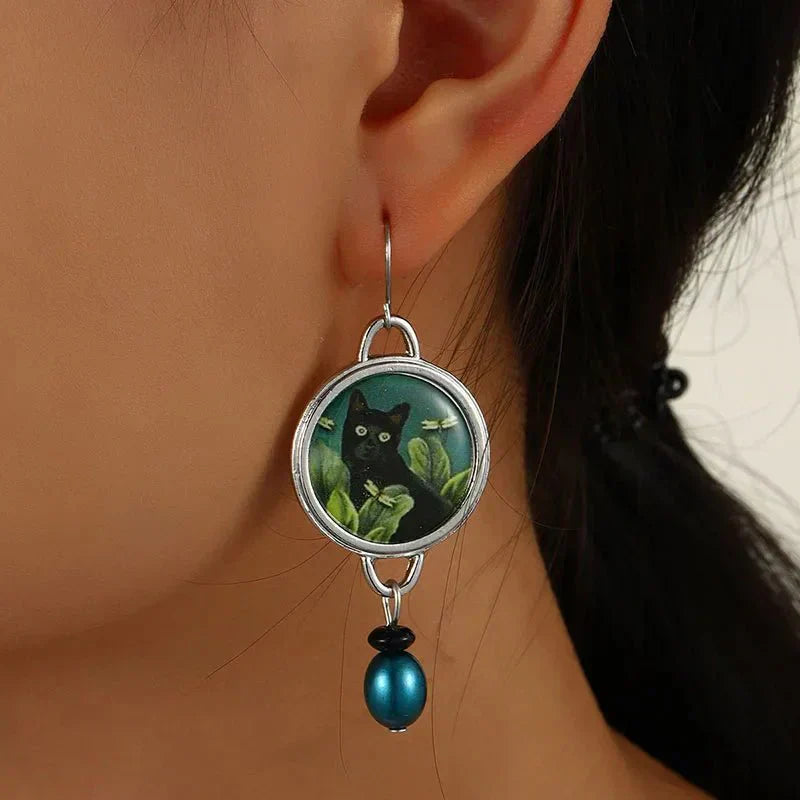 Boucles d'oreilles style vintage motif chat noir tropical